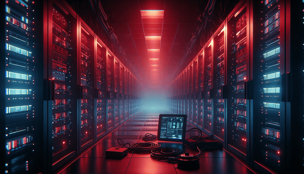 Server room with emergency lighting and mobile device monitoring setup