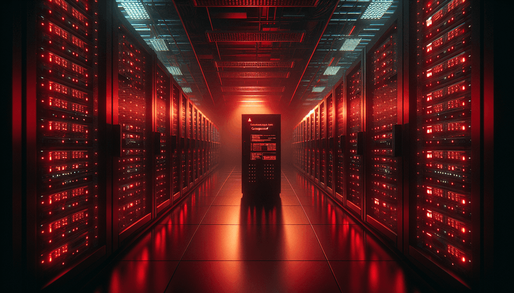 Dark server room with red emergency lighting and network equipment