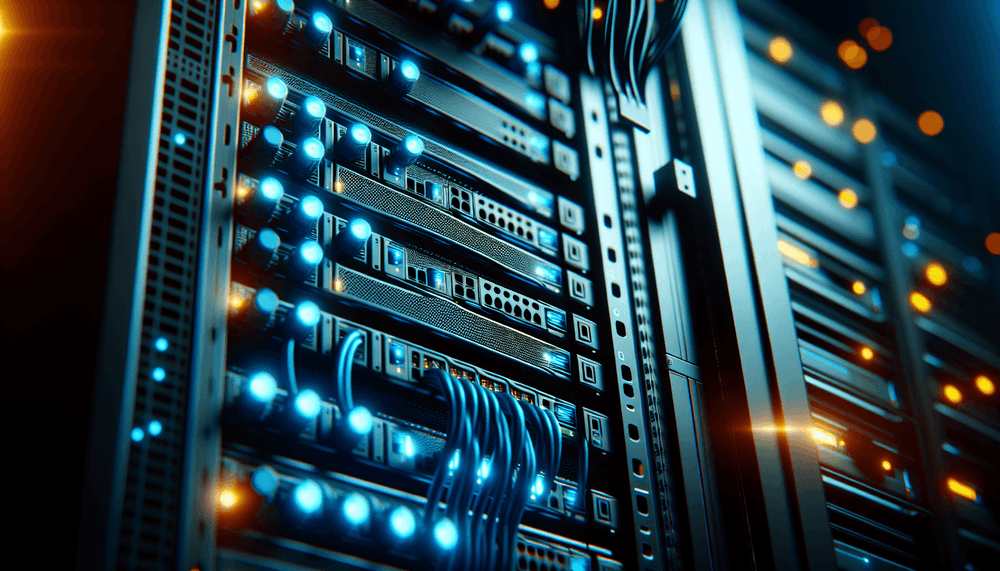 Server rack with blue LED indicators in dark data center environment
