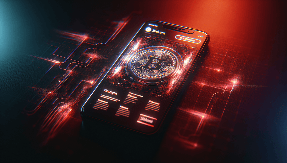 iPhone displaying cryptocurrency wallet app with red warning lighting effects