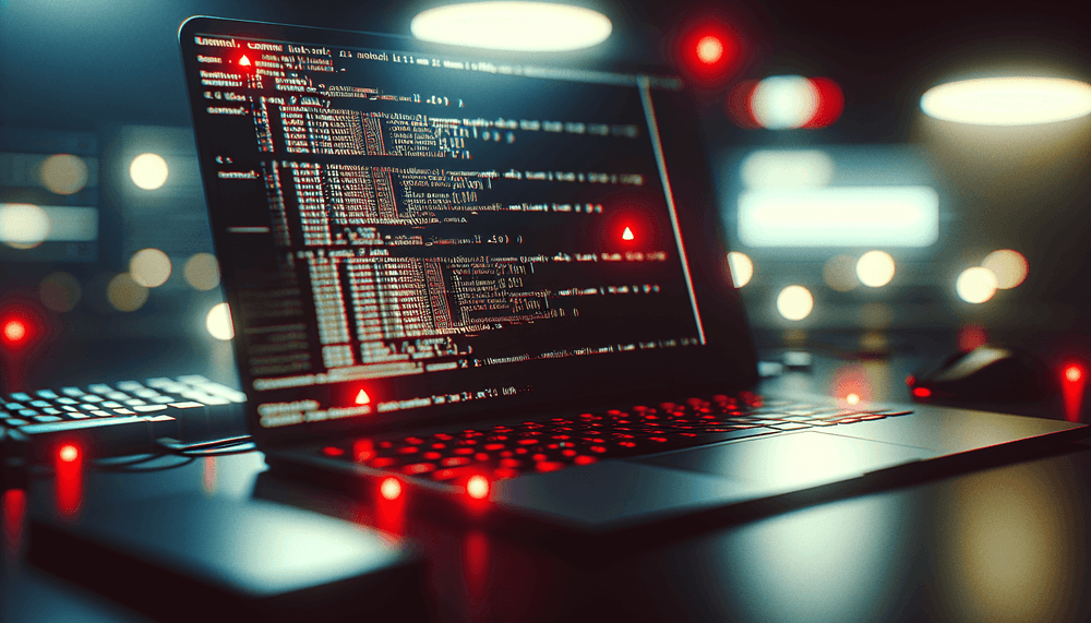 MacBook Pro screen showing terminal commands with red warning indicators in dark room