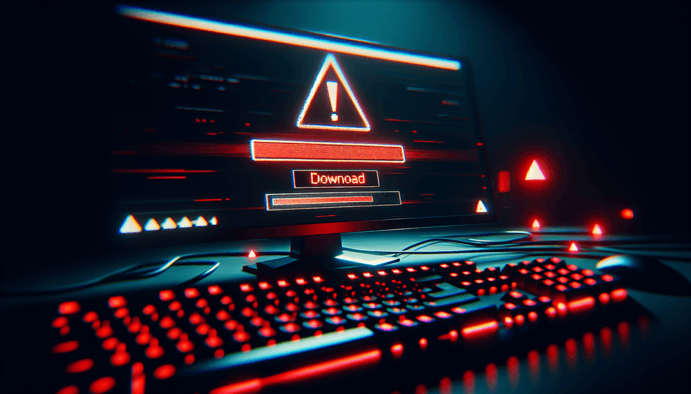 Computer monitor showing download progress with warning indicators and keyboard