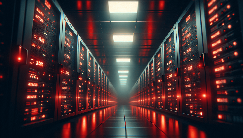 Server room with red warning lights illuminating backup servers showing error status
