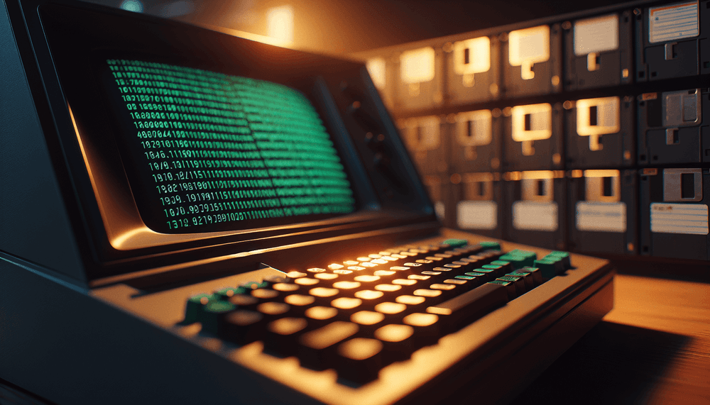 Vintage computer terminal displaying green text on black screen with floppy disks