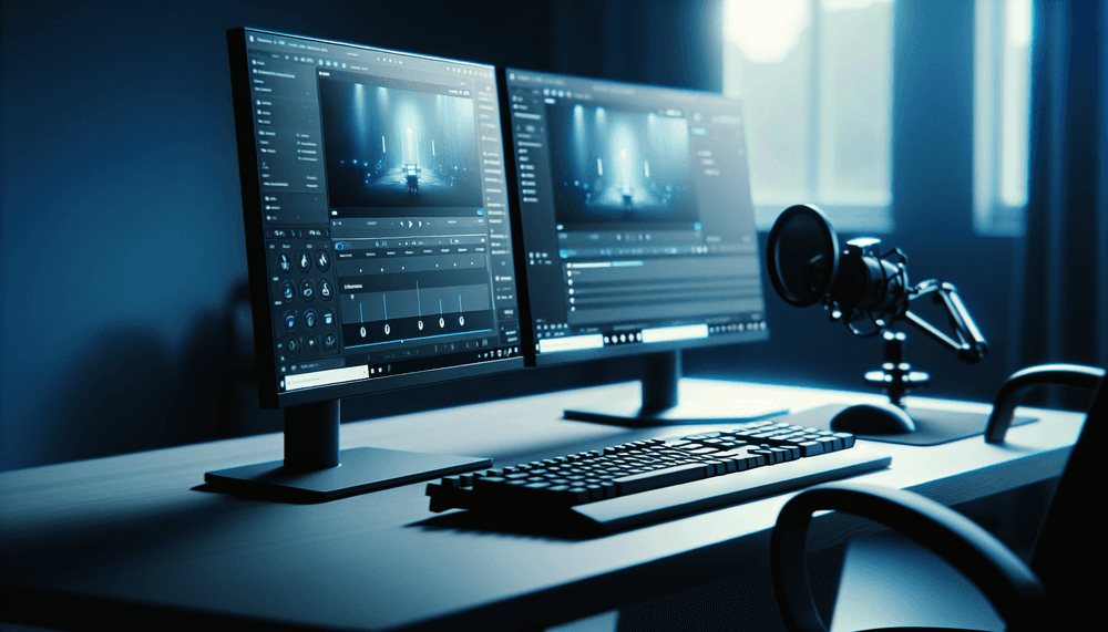 Dual monitor computer setup showing screen recording software interface with professional lighting