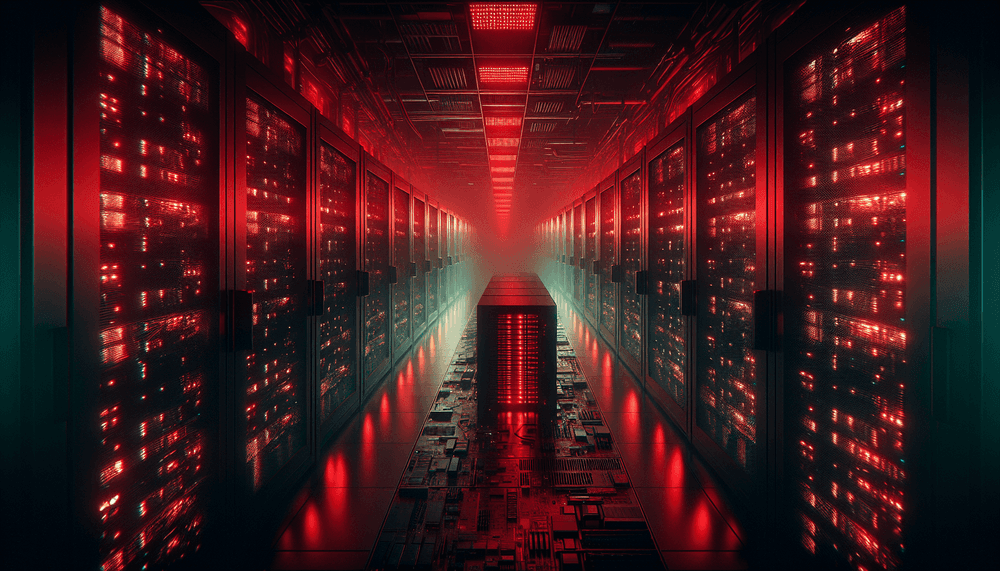 Dark server room with red emergency lighting highlighting gaming hardware and computer servers