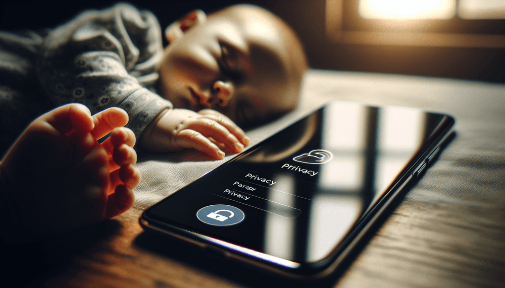 Newborn baby hand touching smartphone screen with privacy interface displayed