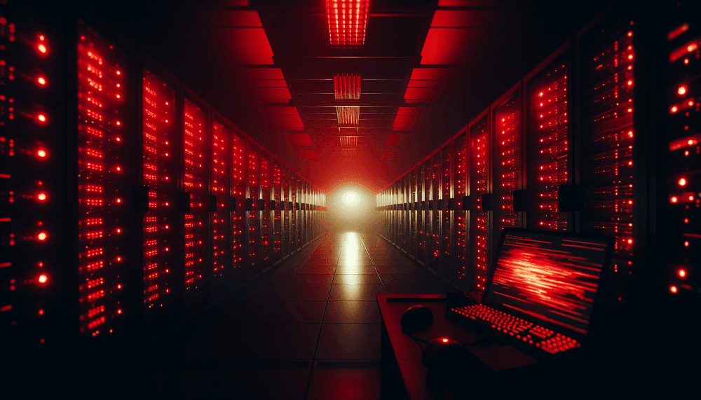 Dark server room with red emergency lighting and glowing computer terminal displaying scrolling data
