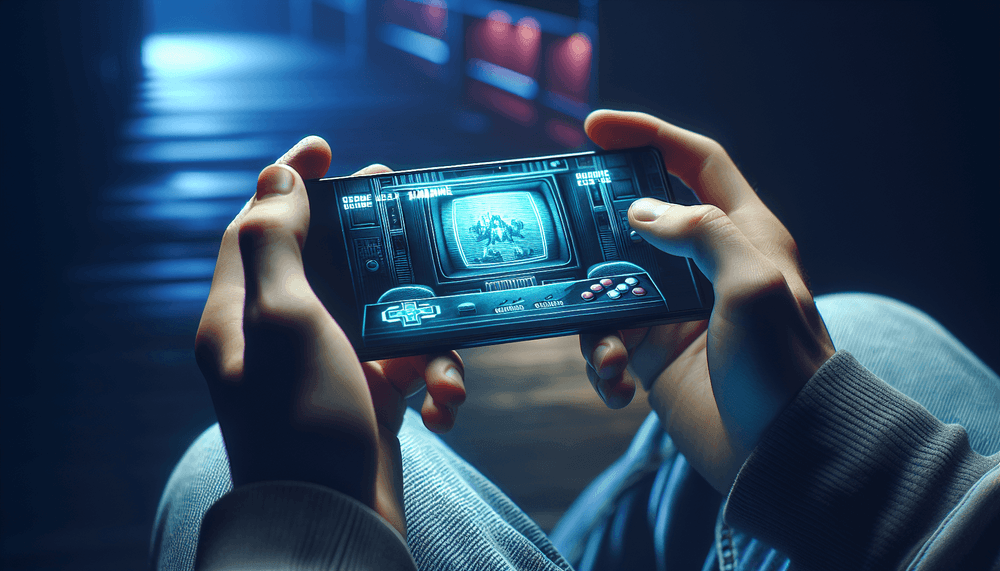 iPhone displaying retro gaming interface with controller overlay on dark surface