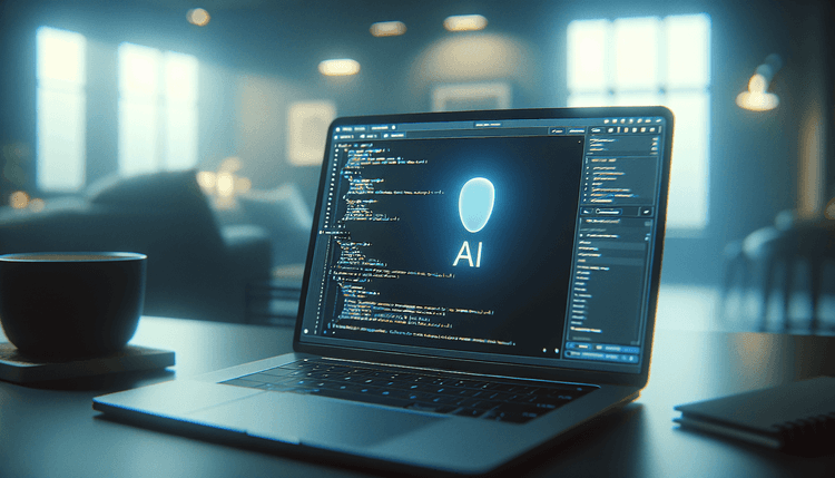 Laptop screen showing code editor with AI coding assistant interface in modern workspace