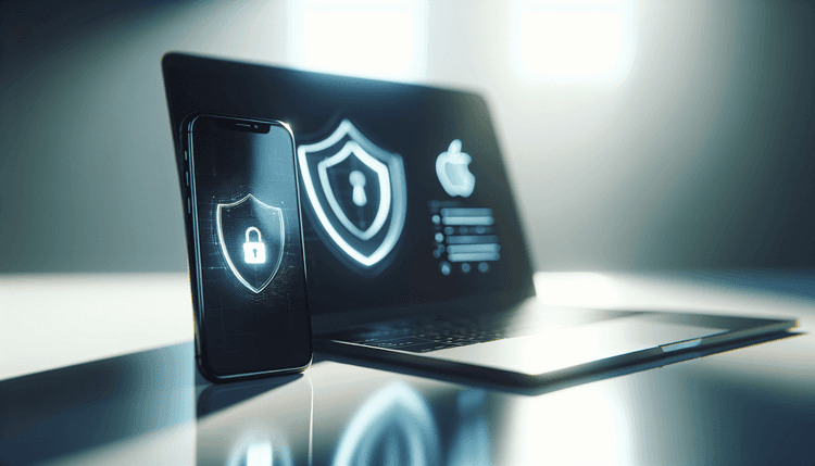 iPhone and MacBook displaying security update notifications on clean workspace