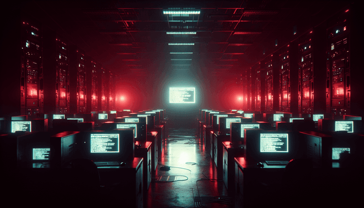 Dark computer lab with error messages on monitors and red emergency lighting
