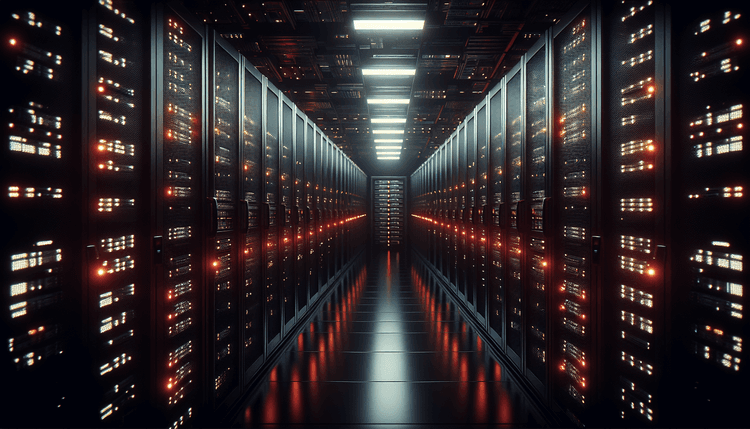 Dark server room with red warning lights illuminating compromised infrastructure equipment