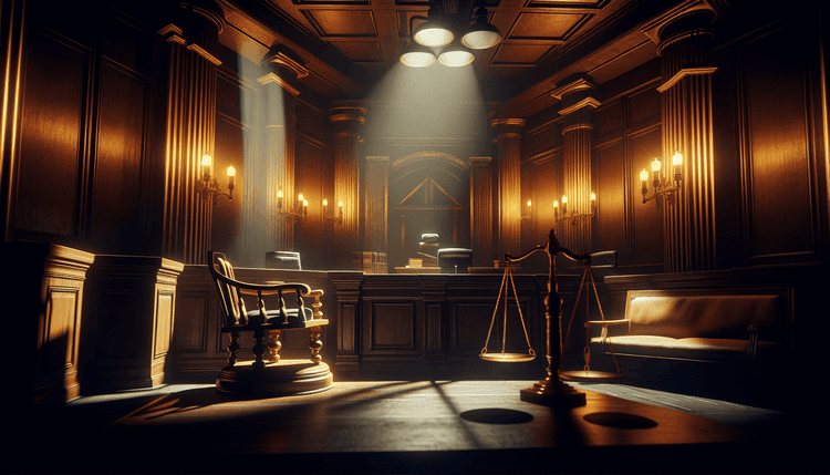 Empty courtroom with judge's bench and defendant's chair under dramatic lighting