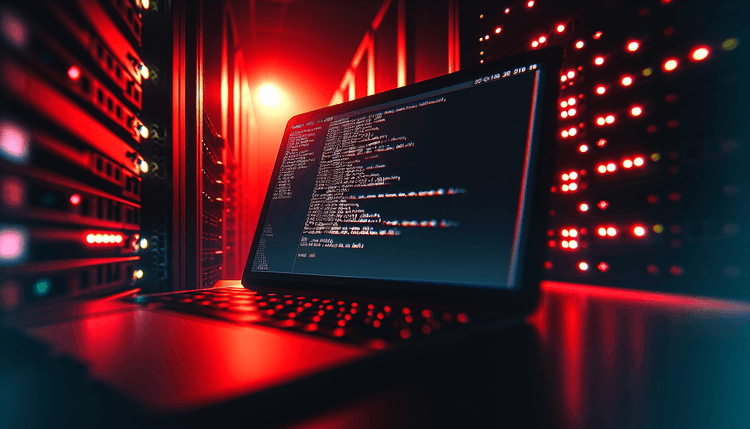 Linux terminal screen showing root access with dramatic red lighting and server rack background