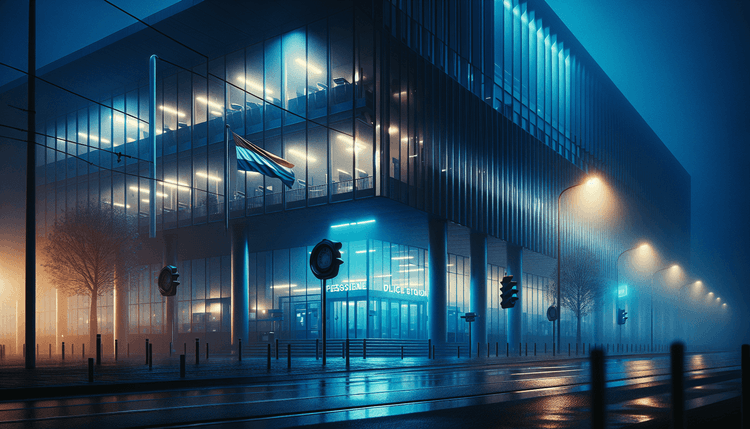 Modern police station building with blue emergency lighting at dusk