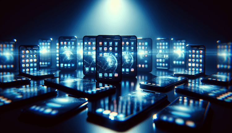 Multiple smartphones showing social media apps with warning symbols reflected on screens