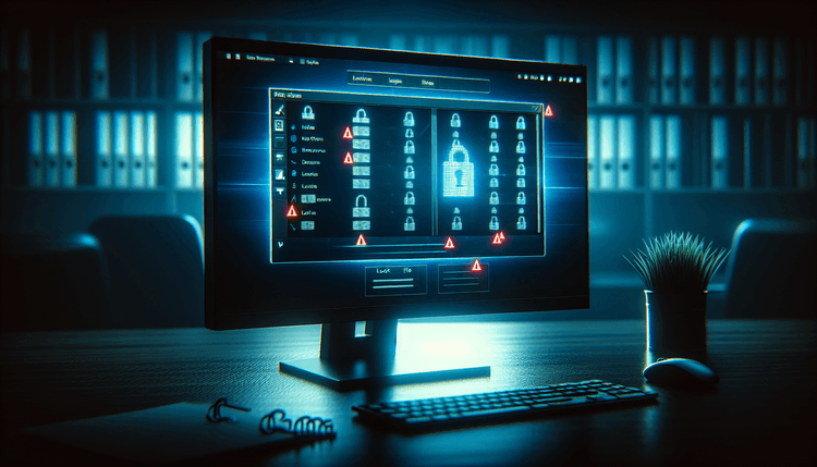 Computer screen displaying Windows file explorer with locked file icons and warning indicators