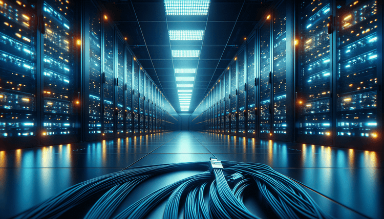 Modern data center with blue lighting and server racks in atmospheric setting