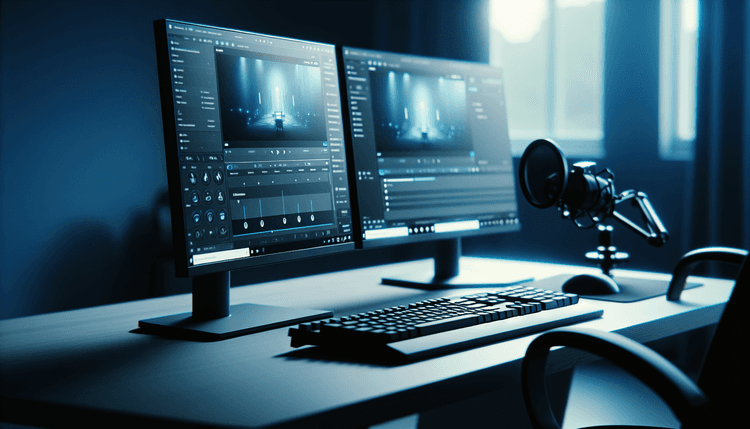 Dual monitor computer setup showing screen recording software interface with professional lighting