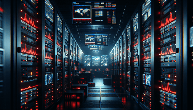 Dark server room with security monitoring displays and red warning lights