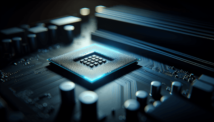 Close-up view of computer processor on motherboard with blue lighting