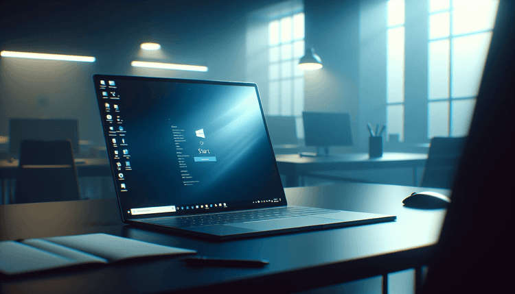 Modern laptop showing Windows 11 interface with Start menu displayed
