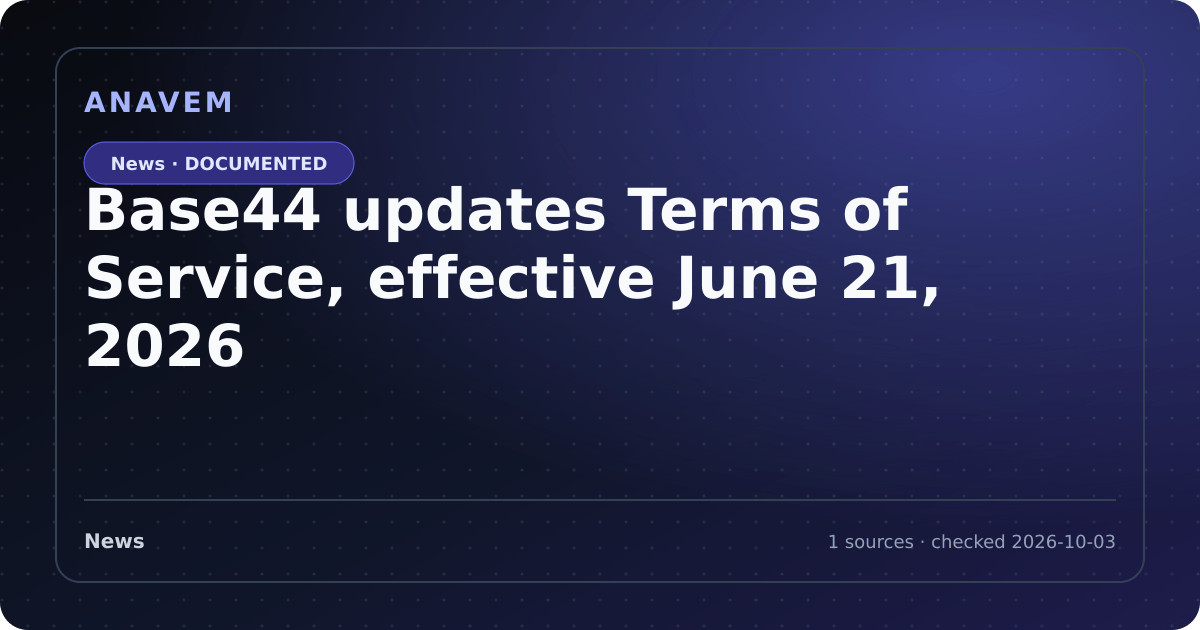 Editorial evidence card for Base44 updates Terms of Service, effective June 21, 2026