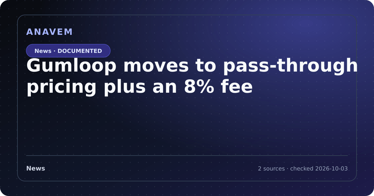 Editorial evidence card for Gumloop moves to pass-through pricing plus an 8% fee