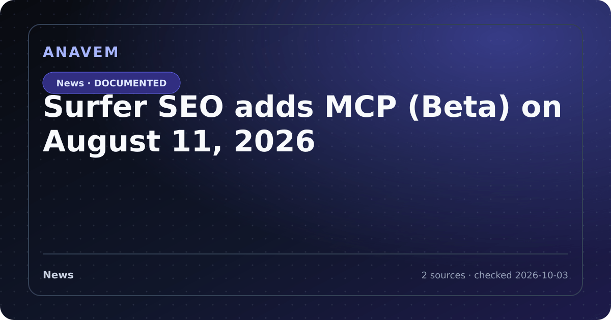 Editorial evidence card for Surfer SEO adds MCP (Beta) on August 11, 2026